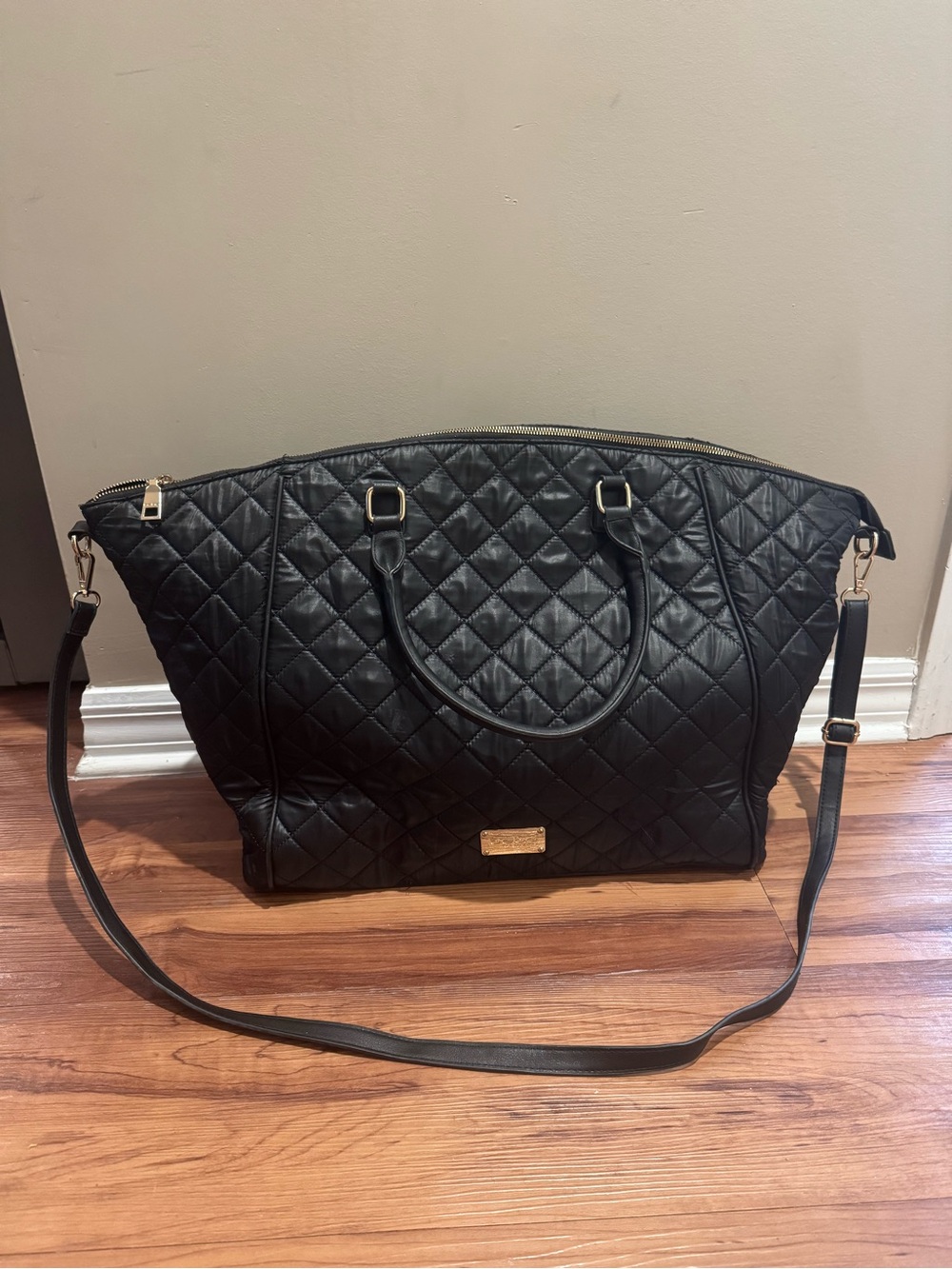 bebe weekend bag Black Quilted Travel Tote with Gold Hardware